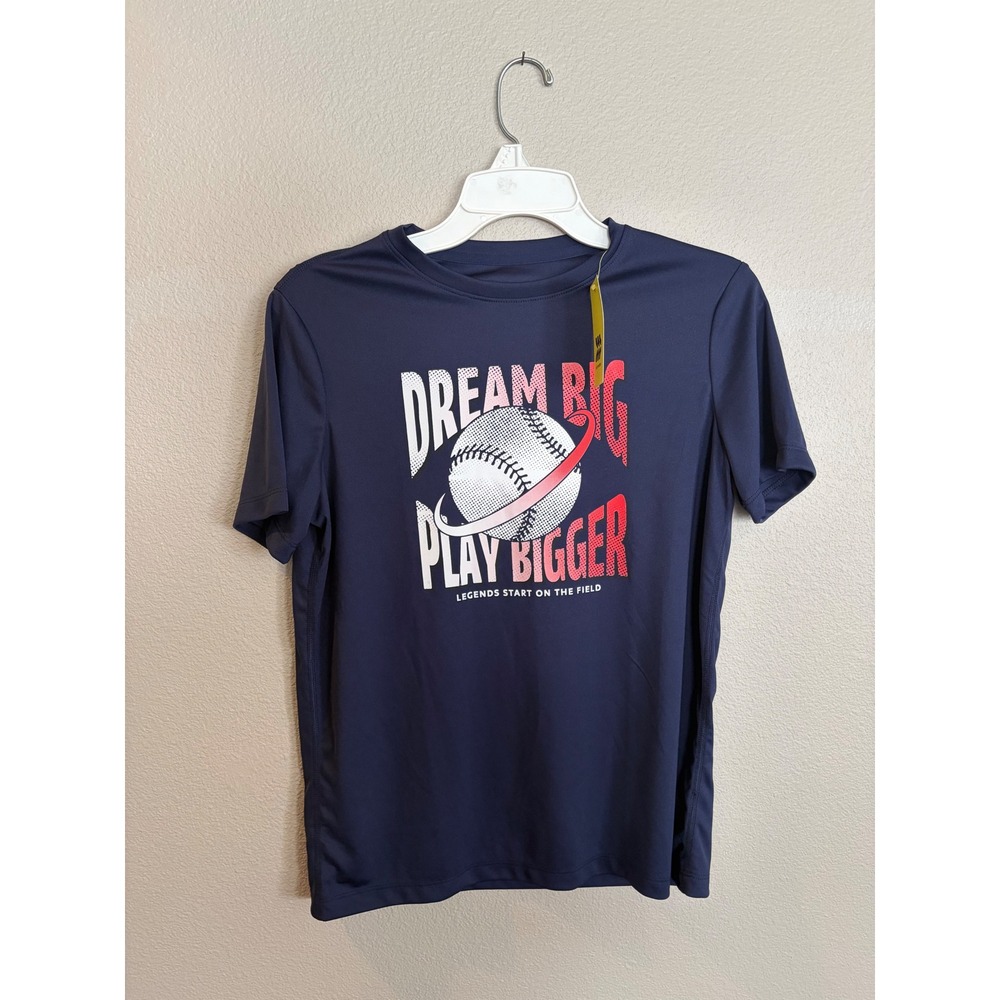 All In Motion Boys Navy Baseball Graphic Tee Dream Big Play Bigger XL 14 NWT